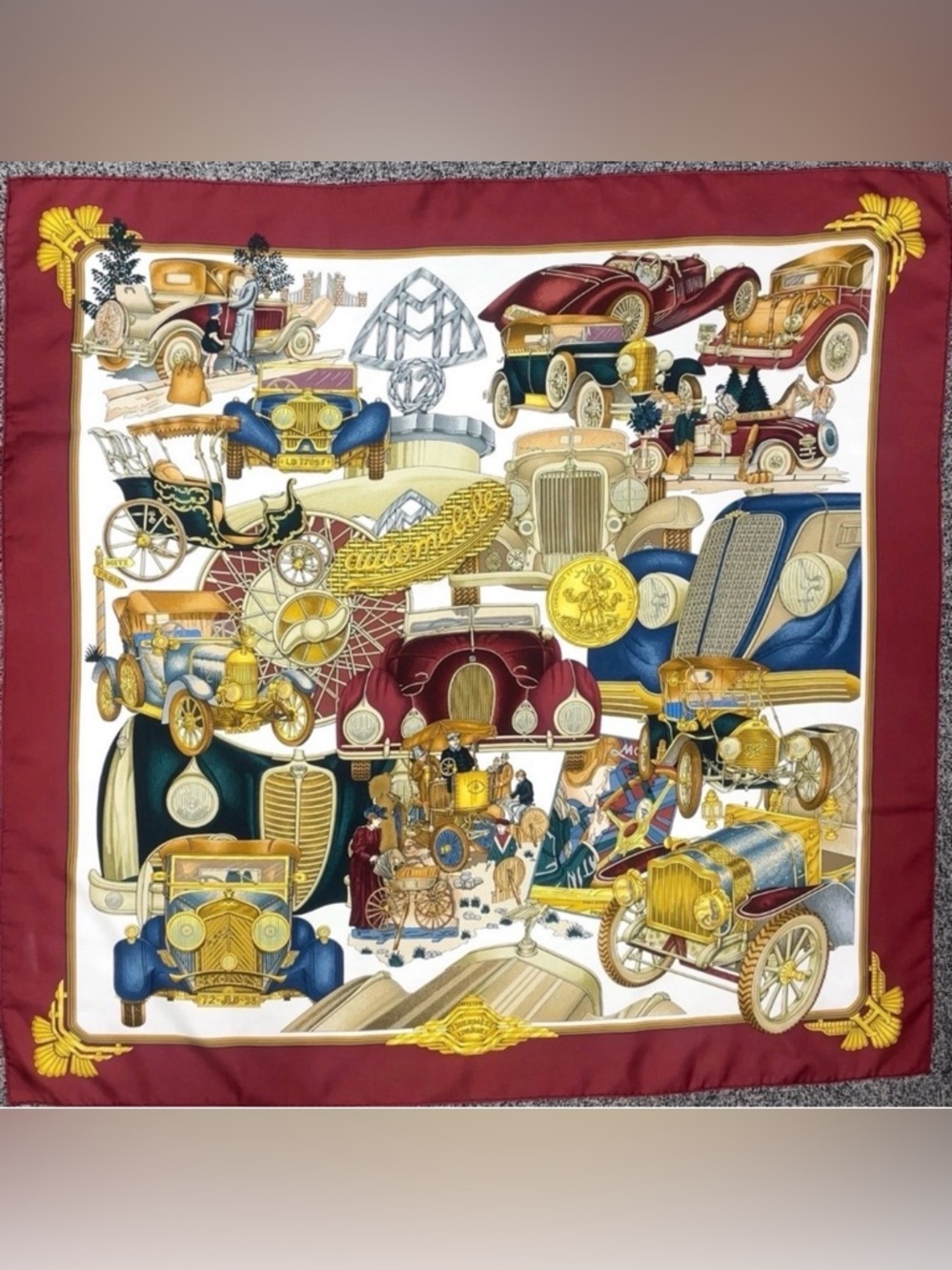HERMES Vintage Rare Collectors Carre 90 Burgundy 100% Silk “Automobile” Scarf